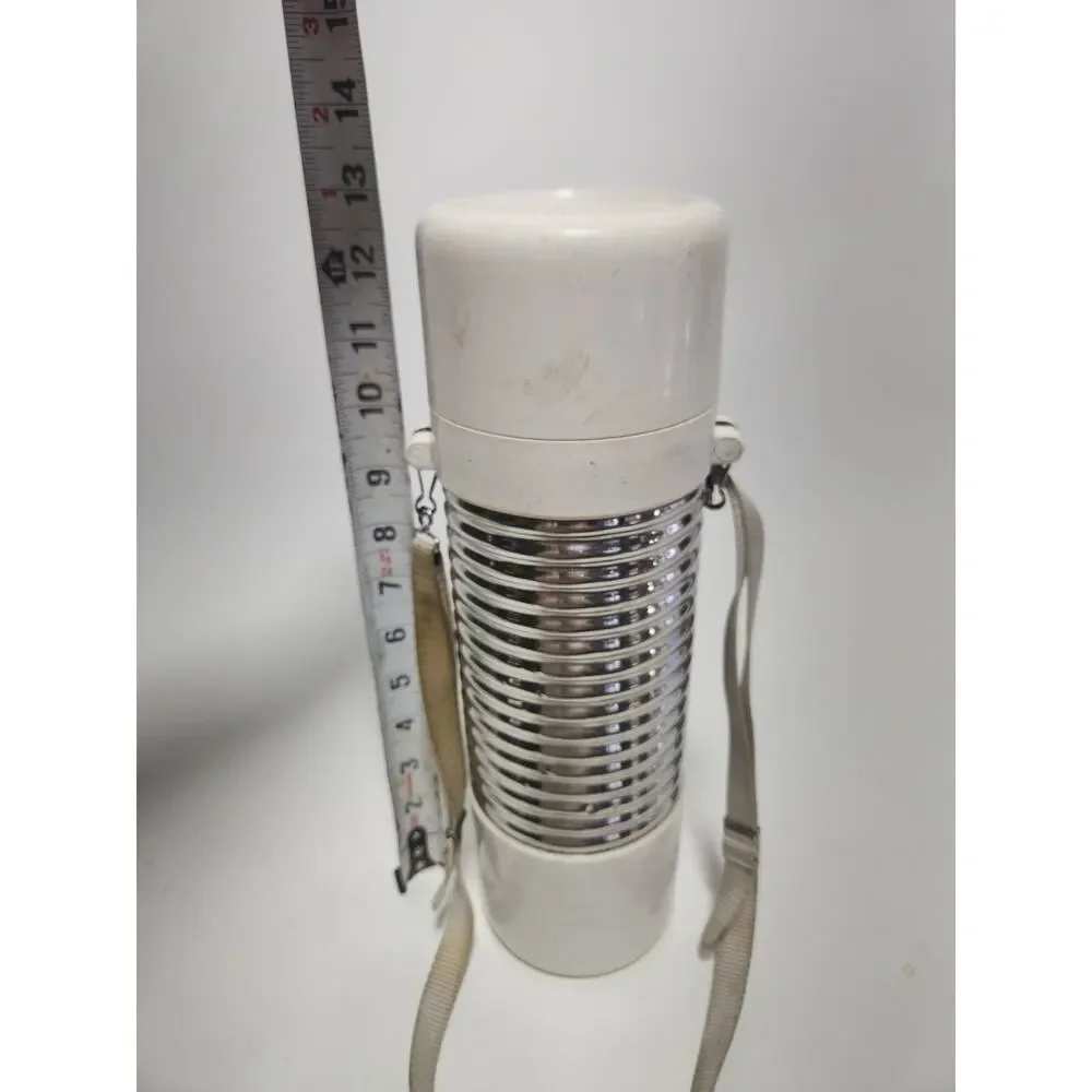 Vintage Nissan Vacuum Flask Thermos White Chrome Insulated Bottle w/ Carry Strap